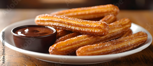 Delicious churros served with rich chocolate sauce on a rustic wooden table, perfect for dessert lovers and food enthusiasts.