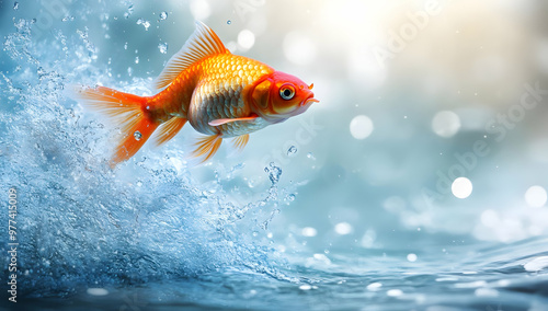 A vibrant goldfish leaps joyfully above the shimmering water surface, capturing a moment of energy and beauty in nature.