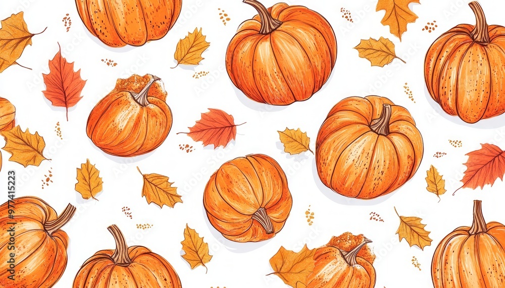 Hand-Drawn Doodle Style Pumpkins in Seamless Pattern on White Background Hand-Drawn Doodle Style Pumpkins in Seamless Pattern on White Background