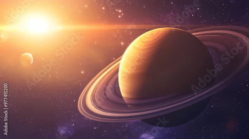 Planet saturn with rings at sunrise on the space background. Space Exploration. Illustration