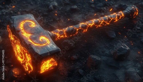 Ancient Warhammer with Glowing Runes Resting on Rocky Surface photo