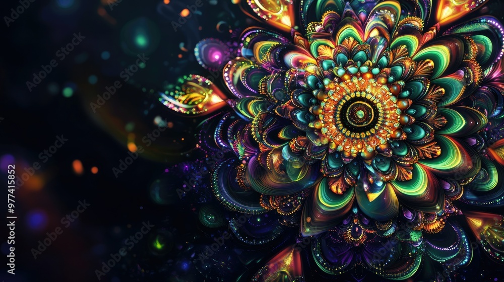 Glowing psychedelic 3D mandala with rich Indian cultural elements, surrounded by copy space on a dark background. Glowing psychedelic 3D mandala with rich Indian cultural elements, surrounded by copy space on a dark background.