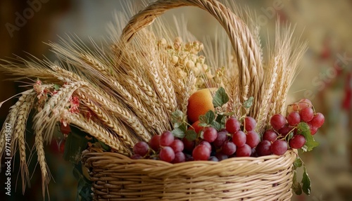 Traditional Shavuot Baskets with Fruit and Wheat in Sunlight photo