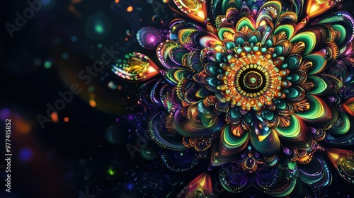 Glowing psychedelic 3D mandala with rich Indian cultural elements, surrounded by copy space on a dark background.