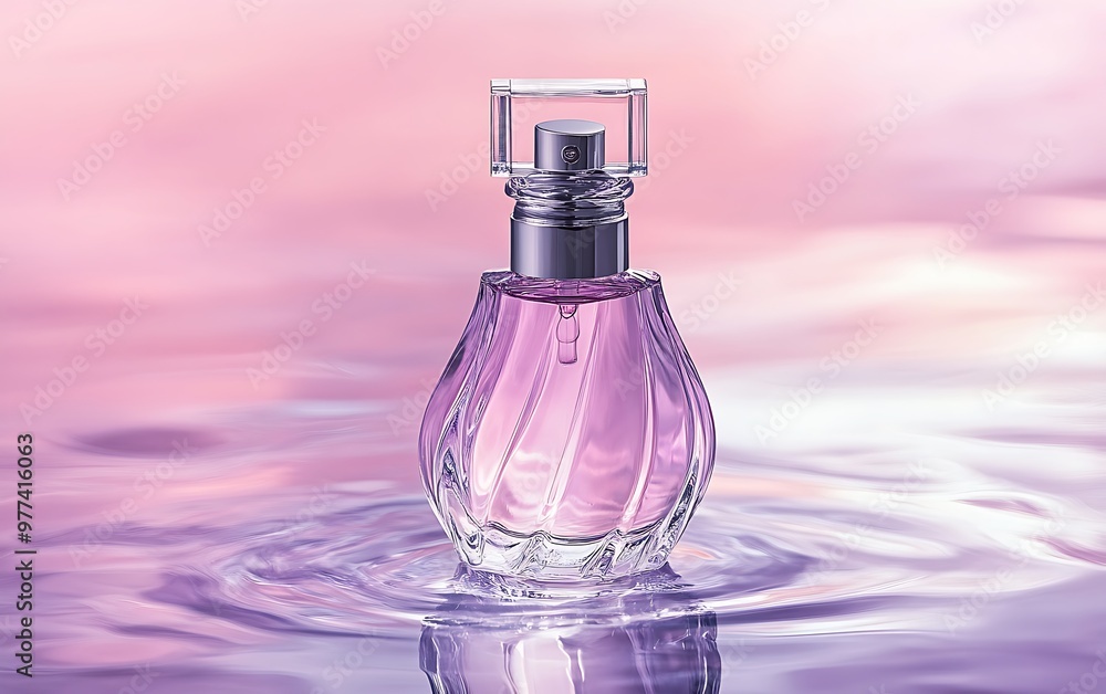 Serene Elegance: Lavender Glass Perfume Bottle Floating on Mirrored Water Surface in Soft Light Product Photography Serene Elegance: Lavender Glass Perfume Bottle Floating on Mirrored Water Surface in Soft Light Product Photography