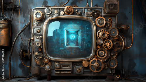 Retro tv reimagined as steampunk portal to alternate dimensions brass gears and vacuum tubes. Interdimensional Gateway. Illustration photo