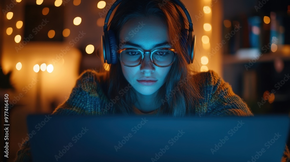 2. Close-up of a student wearing headphones, intensely focused on an online lecture displayed on their laptop, soft light illuminating the workspace, highlighting notes and digital tools. 2. Close-up of a student wearing headphones, intensely focused on an online lecture displayed on their laptop, soft light illuminating the workspace, highlighting notes and digital tools.