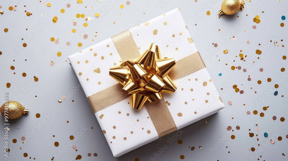 White gift box with golden ribbon bow on grey background with confetti White gift box with golden ribbon bow on grey background with confetti