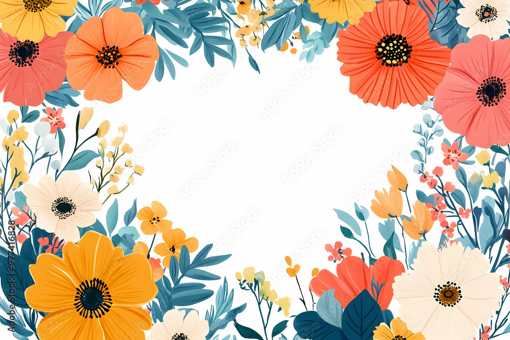 A vibrant floral frame featuring a variety of colorful flowers, perfect for invitations, greeting cards, or decorative design. A vibrant floral frame featuring a variety of colorful flowers, perfect for invitations, greeting cards, or decorative design.