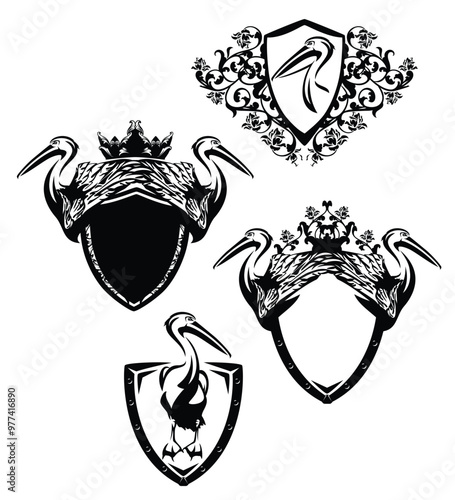pelican bird black and white vector heraldic shield - animal with royal crown and rose flowers design set