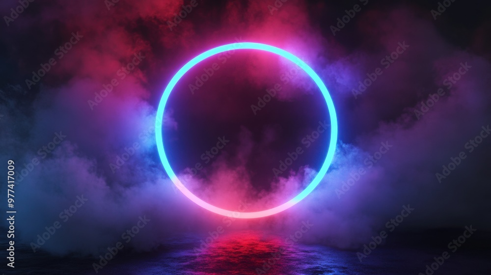 3D render, colorful neon light ring on a dark background with fog and clouds 3D render, colorful neon light ring on a dark background with fog and clouds