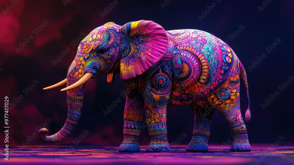Obraz premium Psychedelic 3D model of an elephant with intricate Indian patterns, vibrant hues, and room for copy space