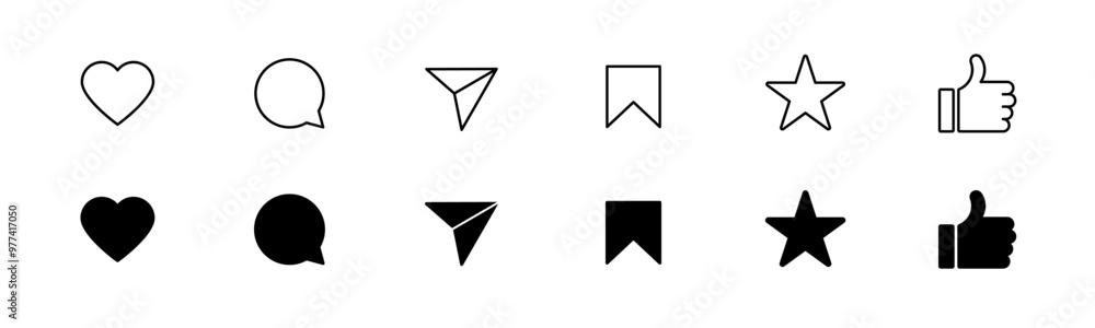 Like, share, comment and save icon set. Thumb up and star symbol. Social media reaction button Like, share, comment and save icon set. Thumb up and star symbol. Social media reaction button
