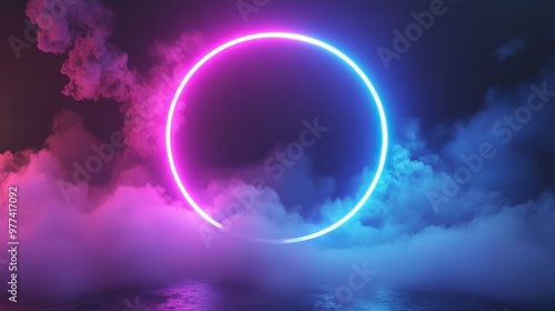 3D render, colorful neon light ring on a dark background with fog and clouds