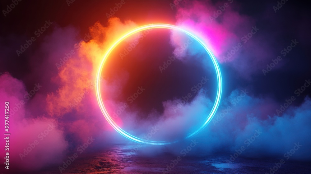 3D render, colorful neon light ring on a dark background with fog and clouds 3D render, colorful neon light ring on a dark background with fog and clouds