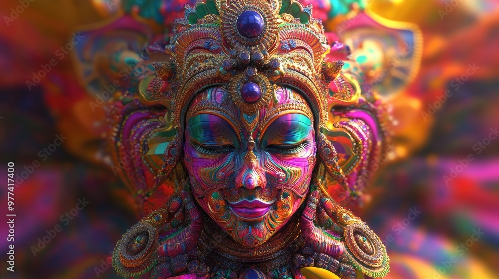 Psychedelic 3D rendering of an abstract Indian deity surrounded by vibrant colors, with ample space for copy Psychedelic 3D rendering of an abstract Indian deity surrounded by vibrant colors, with ample space for copy