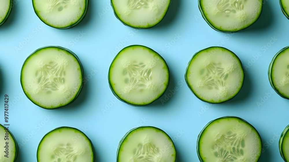 Fresh cucumber slices arranged in a uniform pattern on a light blue background, showcasing their vibrant green color. Fresh cucumber slices arranged in a uniform pattern on a light blue background, showcasing their vibrant green color.