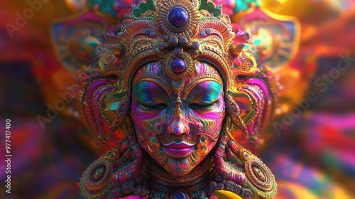 Psychedelic 3D rendering of an abstract Indian deity surrounded by vibrant colors, with ample space for copy