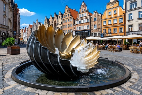 The iconic Neptune Fountain at the center of GdaÅ„sk, surrounded by historic facades and lively outdoor cafÃ©s photo