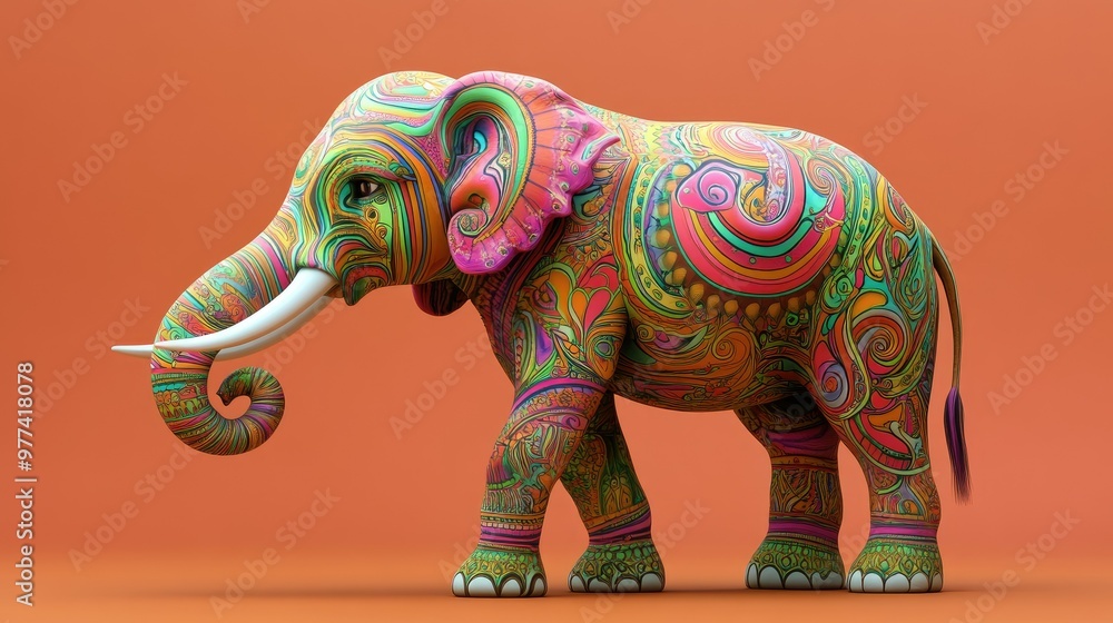 Fototapeta premium Vibrant 3D model of a psychedelic Indian elephant with swirling patterns and room for text