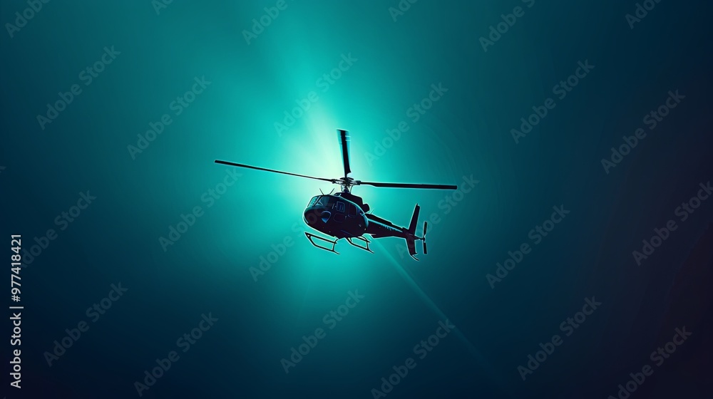 Dramatic Backlit Helicopter in Egrong-Style with Cyan Gradient Sky Dramatic Backlit Helicopter in Egrong-Style with Cyan Gradient Sky
