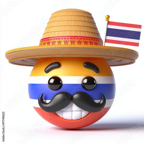 3D Happy one mustachioed emoji Thailand style theme , white background photo