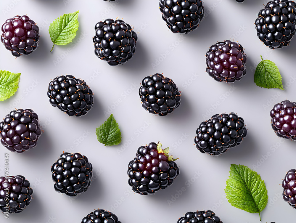 A vibrant array of fresh blackberries surrounded by green leaves on a light background. Perfect for healthy food concepts. A vibrant array of fresh blackberries surrounded by green leaves on a light background. Perfect for healthy food concepts.