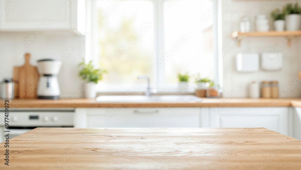 Empty wooden table in a bright blurred kitchen Empty wooden table in a bright blurred kitchen