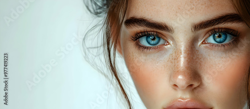 Stunning close-up of a beautiful young woman with striking blue eyes and flawless skin, captured in soft natural light.