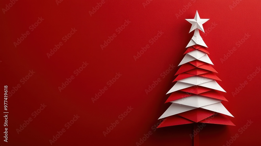 red and white tree with a star on top. The tree is made of paper and is placed on a red background red and white tree with a star on top. The tree is made of paper and is placed on a red background