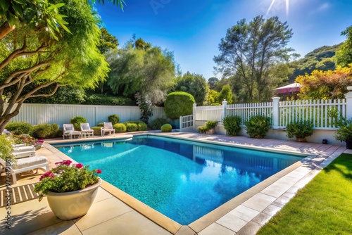 A serene backyard oasis featuring a sparkling blue pool surrounded by a sturdy white fence, lush greenery, and a sunny cloudless sky. photo