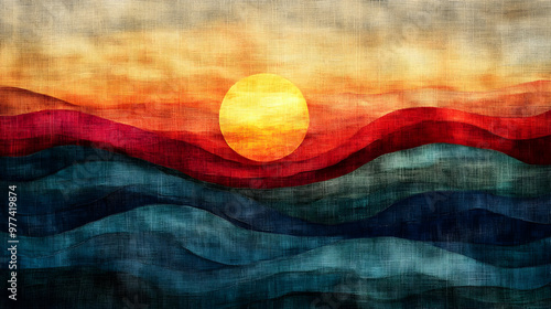 A vibrant abstract landscape showcasing a sun setting over colorful waves, creating a tranquil, artistic atmosphere.