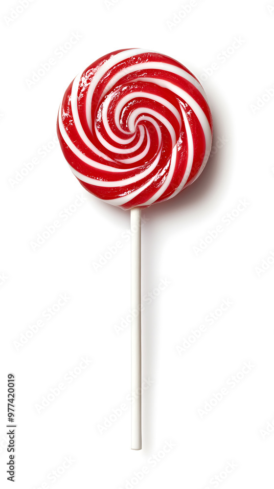 A vibrant red and white twisted lollipop isolated on white background A vibrant red and white twisted lollipop isolated on white background