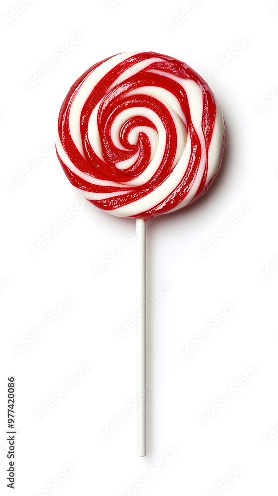 A vibrant red and white twisted lollipop isolated on white background A vibrant red and white twisted lollipop isolated on white background