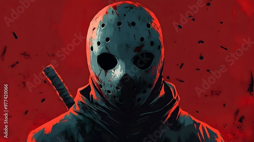 Mysterious Horror Mask Concealing Slasher on Plain Dark Red Background Flat Design