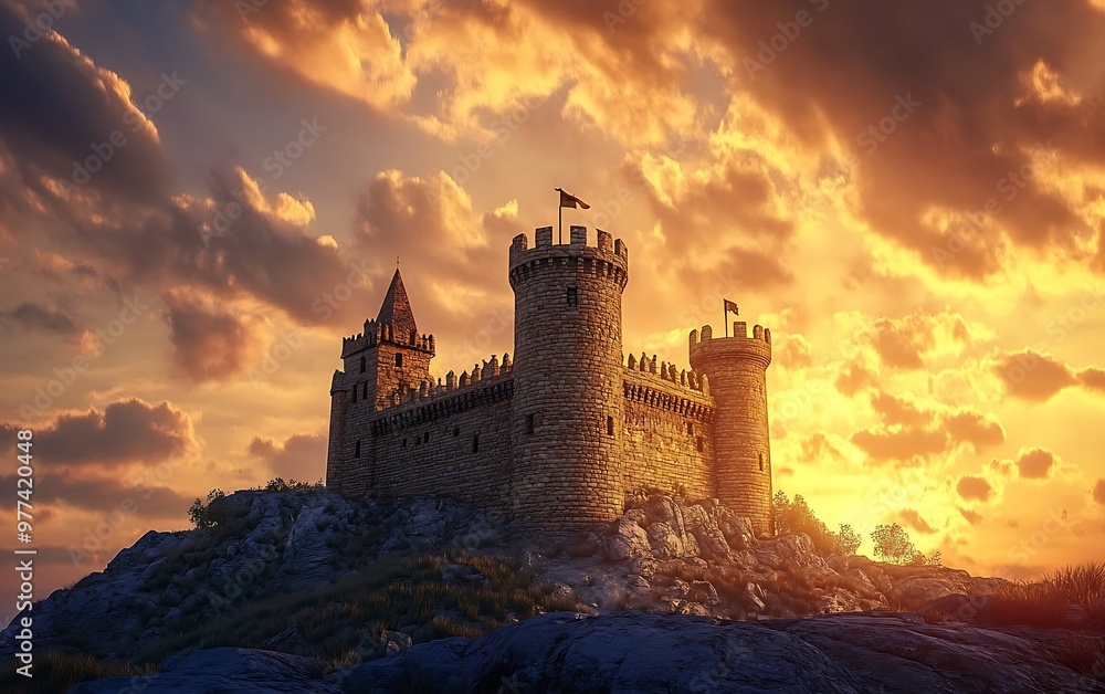 Majestic Bronze-Curved Castle in Sunset Glow - Minimalistic 3D Render with Warm Light Effects Majestic Bronze-Curved Castle in Sunset Glow - Minimalistic 3D Render with Warm Light Effects