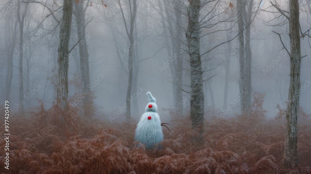 A fuzzy creature stands in a foggy forest. A fuzzy creature stands in a foggy forest.