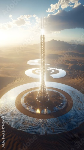 Solar Power Tower in Desert Landscape. photo