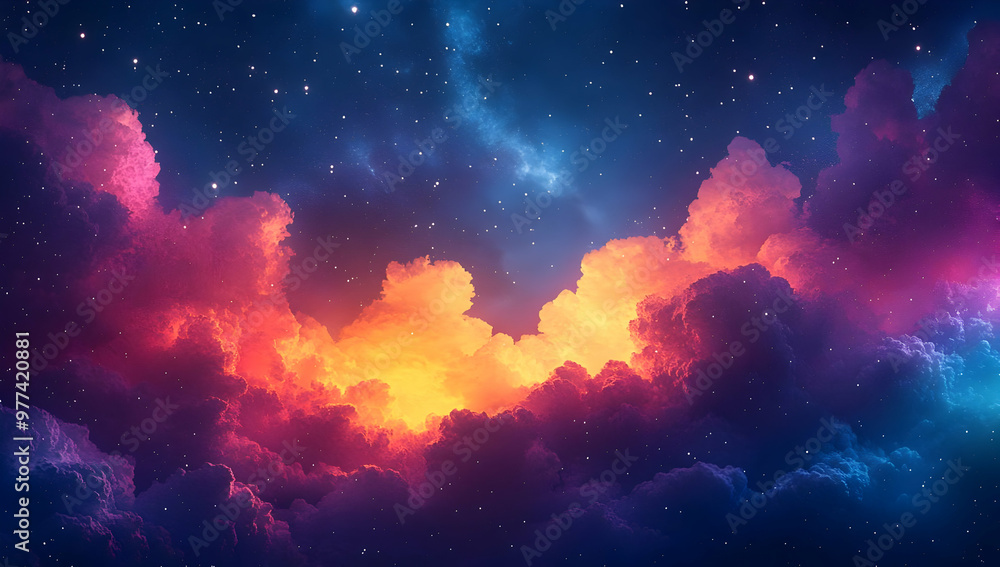 Vibrant cosmic clouds illuminated by orange and purple hues against a starry night sky, creating a serene, otherworldly atmosphere. Vibrant cosmic clouds illuminated by orange and purple hues against a starry night sky, creating a serene, otherworldly atmosphere.