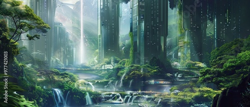 Futuristic Cityscape Integrating Nature and Technology photo