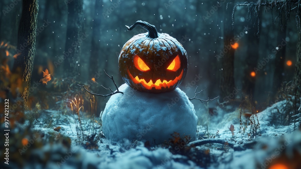 A glowing pumpkin sits atop a snow mound in a dark, snowy forest. A glowing pumpkin sits atop a snow mound in a dark, snowy forest.