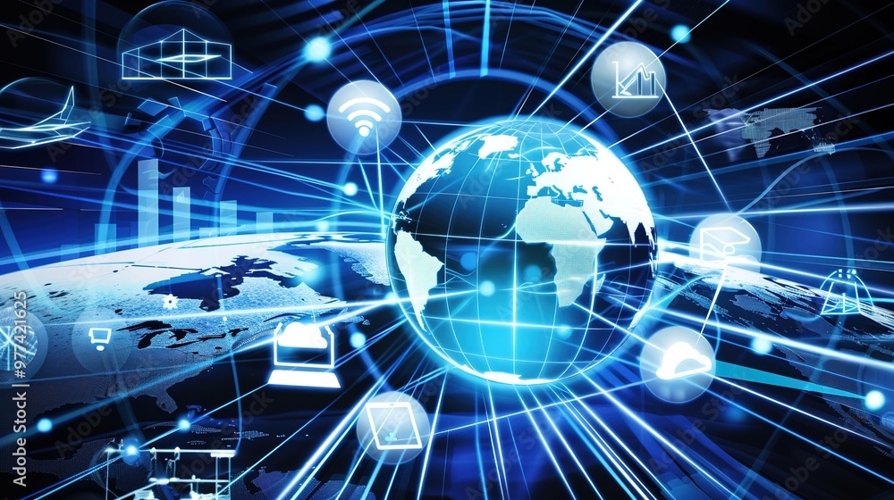 A captivating picture showing the essence of science and technology in the realm of Internet innovation. There are various elements representing advanced technological concepts. Computer systems might