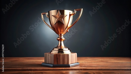 A shiny copper award trophy with a stylized design and golden accents sits on a polished wooden base, symbolizing excellence and achievement. photo