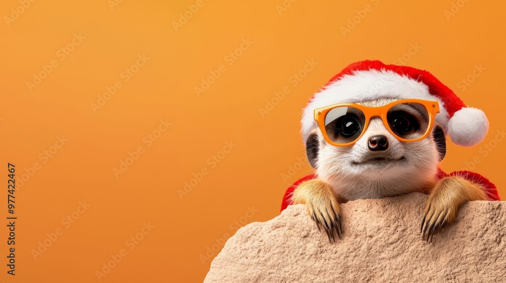 A cheeky meerkat in a Santa suit and retro sunglasses, peeking from behind a rock against a desert-inspired beige-to-orange gradient background A cheeky meerkat in a Santa suit and retro sunglasses, peeking from behind a rock against a desert-inspired beige-to-orange gradient background