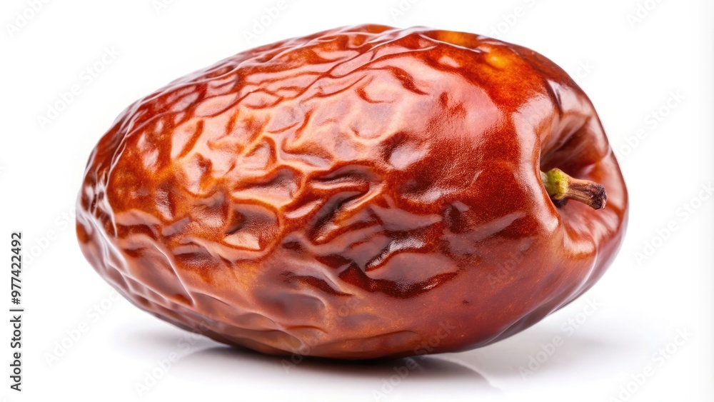A single, fresh jujube fruit with a brown, wrinkled skin and green calyx, isolated on a white background, highlighting its unique texture and natural beauty. A single, fresh jujube fruit with a brown, wrinkled skin and green calyx, isolated on a white background, highlighting its unique texture and natural beauty.