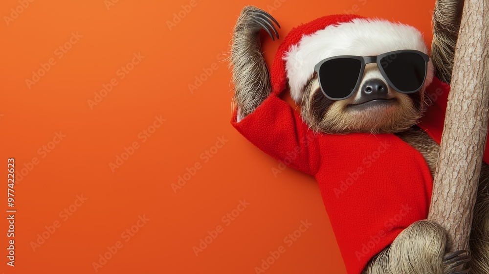 A cheerful sloth wearing a Santa suit and oversized sunglasses, hanging from a tree branch on a warm red-to-orange gradient background A cheerful sloth wearing a Santa suit and oversized sunglasses, hanging from a tree branch on a warm red-to-orange gradient background