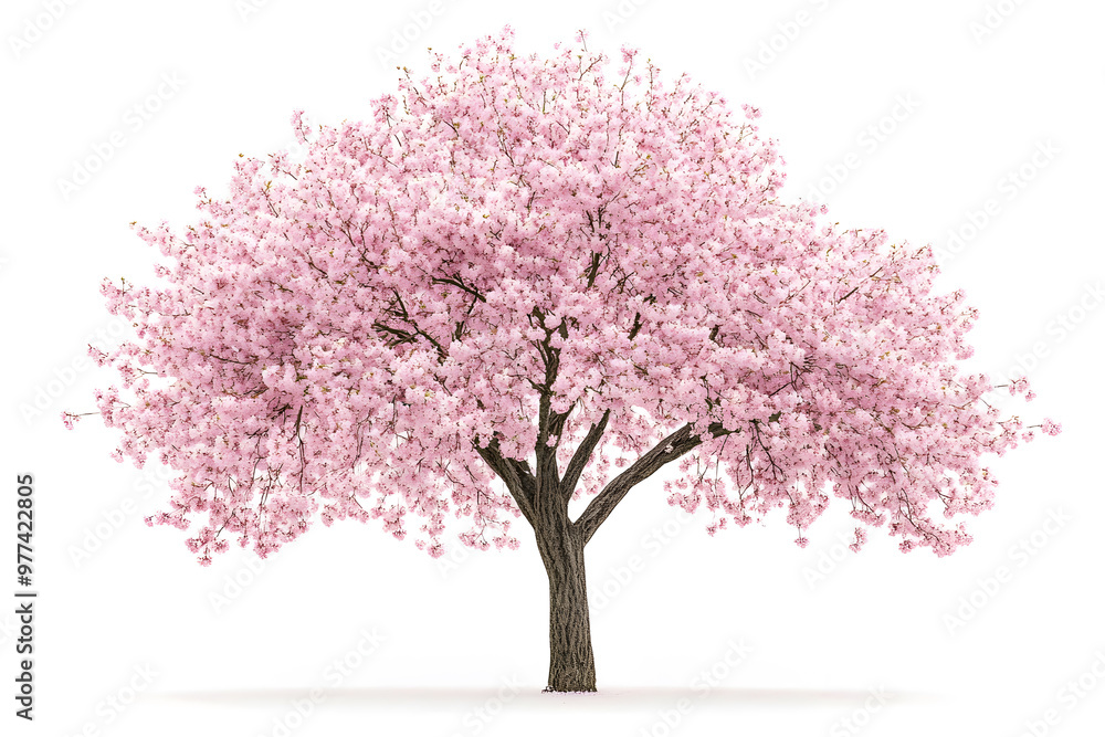 Obraz premium Sakura tree with pink blossoms stands alone against a white background