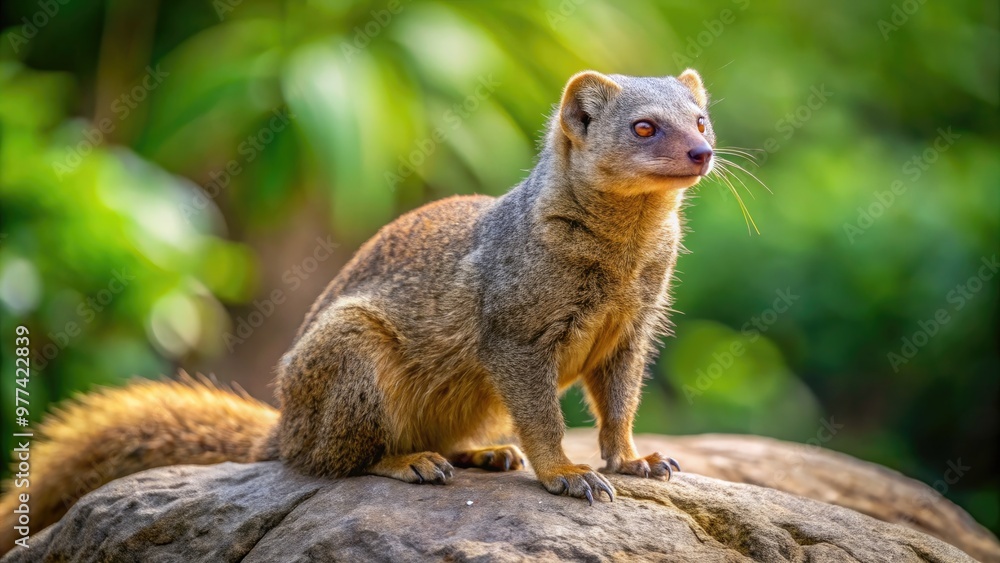 A sleek, agile mongoose with gray and brown fur, sharp claws, and a bushy tail, perches on a rock, gazing intently into the distance outdoors. A sleek, agile mongoose with gray and brown fur, sharp claws, and a bushy tail, perches on a rock, gazing intently into the distance outdoors.