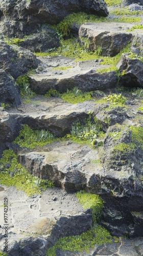 Nature's artful steps adorned with green moss and rugged stone near a tranquil waterway