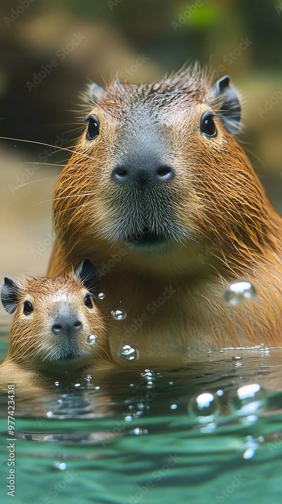 Mother capybara, swimming with her puppy in crystal clear water, releasing air bubbles, photo gallist, wallpaper, cover and screen of smartphone, pc, laptop, format 9:16 and 16: 9 Mother capybara, swimming with her puppy in crystal clear water, releasing air bubbles, photo gallist, wallpaper, cover and screen of smartphone, pc, laptop, format 9:16 and 16: 9